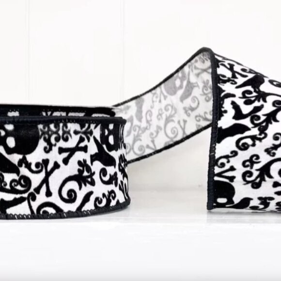 Halloween Black & White Skull, Crow & Cross Bones Flocked Dupioni Ribbon Crafts - Picture 4 of 5